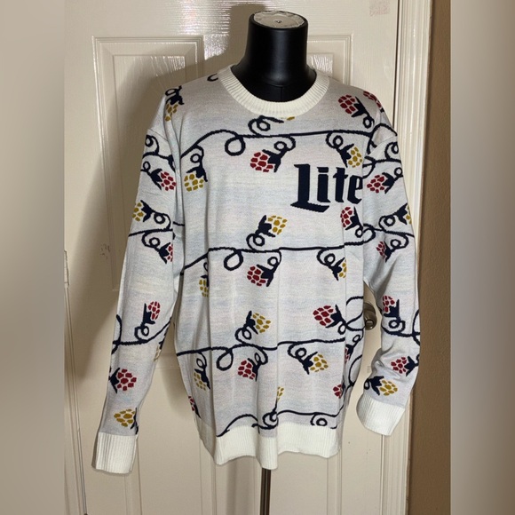 Miller Lite Ugly Christmas Sweater Mens XXL Ivory Christmas Lights Holiday Party - Picture 5 of 9